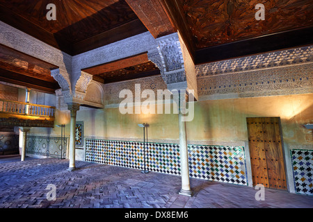 Nasrid mocarabe Arab colonne e capitelli di Mexuar camere amministrative di Palacios Nazaries, Alhambra. Granada, Foto Stock