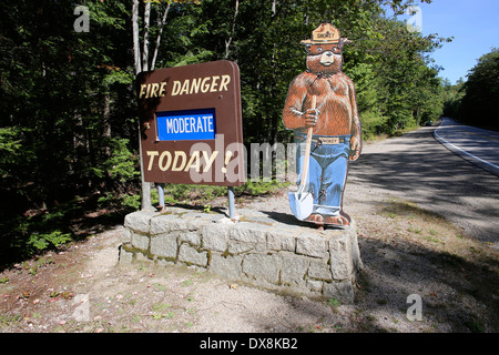 Un Smokey Orso e forest fire segnaletica di pericolo nelle White Mountains National Forest in New Hampshire, STATI UNITI D'AMERICA Foto Stock