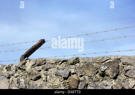 Recinzione con filo spinato contro il cielo blu Foto Stock