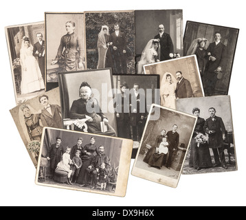 Gruppo di famiglia vintage e foto di matrimonio circa 1885-1920. nostalgico sentimentale collage di foto su sfondo bianco Foto Stock