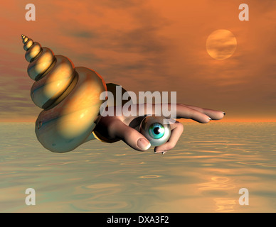 Composizione surrealista di occhio e mano e Shell lumaca Foto Stock