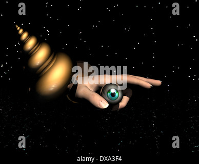 Composizione surrealista di occhio e mano e Shell lumaca Foto Stock