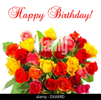 Bouquet di colorato assortimento di rose su sfondo bianco rosso, rosa, giallo, arancio fiori colorati Foto Stock