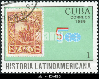 Francobollo stampato in Cuba, mostra il timbro di Salvador nel 1892 (lo sbarco di Cristoforo Colombo) Foto Stock