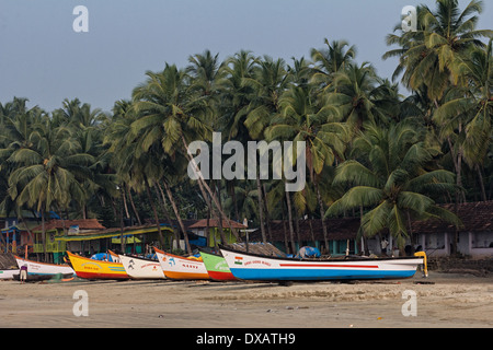 Barche da pesca con alberi di noce di cocco a Palolem Beach in Goa, India Foto Stock