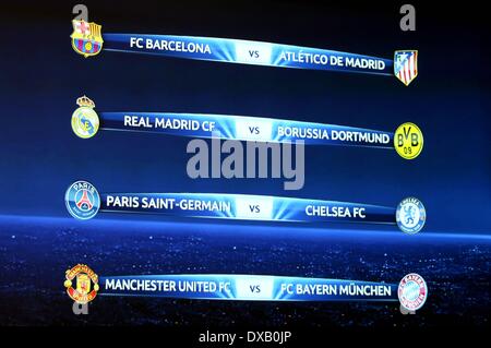 Nyon, Svizzera. Xxi Mar, 2014. Champions League quarterfinal disegnare. Il disegno finale viene mostrato sul display il credito della scheda: Azione Plus sport/Alamy Live News Foto Stock