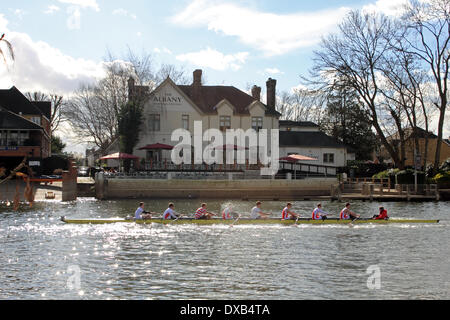 Il fiume Tamigi a Hampton Court, SW LONDRA, REGNO UNITO. Il 22 marzo 2014. Un otto uomo fila equipaggio passato la Albany pub di Thames Ditton durante il Kingston testa della gara di fiume. Oltre 200 equipaggi erano in lizza nella manifestazione annuale che copre 3 miglia del Fiume Tamigi tra il Palazzo di Hampton Court e Kingston club di canottaggio. Gli equipaggi tutti dal Sud Est dell' Inghilterra gareggiato è diverse classi tra cui otto, Fours, skiff e vogatori, con Senior, Junior, Mens e Womens squadre. I risultati non sono ancora disponibili. Credito: Julia Gavin/Alamy Live News Foto Stock