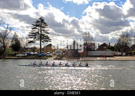 Il fiume Tamigi a Hampton Court, SW LONDRA, REGNO UNITO. Il 22 marzo 2014. Un otto uomini di equipaggio passato riga Kingston Grammar School Boathouse all'inizio del Kingston testa della gara di fiume. Oltre 200 equipaggi erano in lizza nella manifestazione annuale che copre 3 miglia del Fiume Tamigi tra il Palazzo di Hampton Court e Kingston club di canottaggio. Gli equipaggi tutti dal Sud Est dell' Inghilterra gareggiato è diverse classi tra cui otto, Fours, skiff e vogatori, con Senior, Junior, Mens e Womens squadre. I risultati non sono ancora disponibili. Credito: Julia Gavin/Alamy Live News Foto Stock