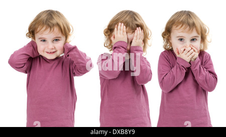 Tre immagini dello stesso bambino isolato su bianco e mettere insieme Foto Stock