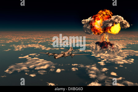 Il 'Enola Gay' B-29 bombardiere,volare lontano dal fungo gigante Cloud creato dalla caduta di una bomba atomica su Hiroshima. Foto Stock