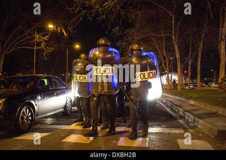 Madrid, Spagna. 22 Mar, 2014. Polizia spagnola e manifestanti si scontrano alla fine durante un anti-austerità manifestazione denominata ''Marco di dignità" contro la terribile condizione dell economia che ha attirato decine di migliaia di persone al centro di Madrid il sabato 22 marzo, 2014. La polizia ha detto in una dichiarazione più di un centinaio di persone sono state ferite 55 ufficiali alcuni di loro con gravi ferite e 29 persone sono state arrestate. Credito: Michael Bunel/NurPhoto/ZUMAPRESS.com/Alamy Live News Foto Stock