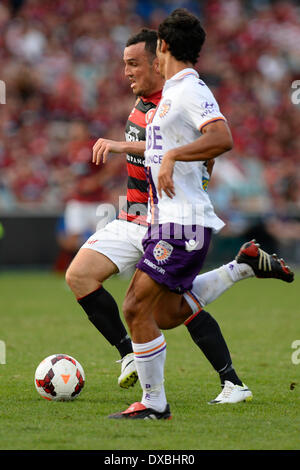 Sydney, Australia. 23 Mar, 2014. Wanderers avanti Mark Bridge in azione durante la Hyundai una partita del campionato tra Western Sydney Wanderers FC e Perth FC dalla Pirtek Stadium, Parramatta. Il Wanderers vinto 3-0. Credito: Azione Sport Plus/Alamy Live News Foto Stock