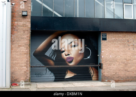 Arte di strada sul rullo di fabbrica porte in Charles Henry Street, Digbeth, Birmingham, Regno Unito Foto Stock