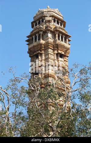 Il 'Vijaya Stambha" (Torre della Vittoria) all'interno del 'Chittorgarh' fort complesso. Rajasthan, India. Foto Stock