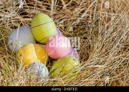 Primo piano di colori pastello le uova di pasqua su erba secca sfondo Foto Stock