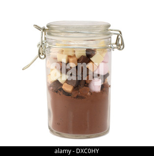 Ingredienti per la cioccolata calda - Cacao, marshmallows, fudge pezzi - in un vasetto di vetro, isolato su uno sfondo bianco Foto Stock