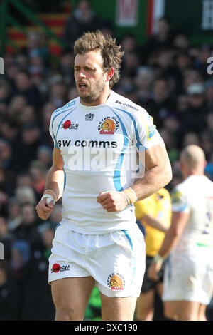 Leicester, Regno Unito. 23 Mar, 2014. Luke Arscott di Exeter Chiefs in azione durante la Aviva Premiership partita di rugby tra Leicester Tigers e Exeter a Welford Road Credito: Azione Sport Plus/Alamy Live News Foto Stock