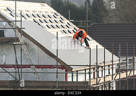 Builder la posa di piastrelle su nuova build sul tetto della casa, Llanfoist, Abergavenny, Wales, Regno Unito Foto Stock
