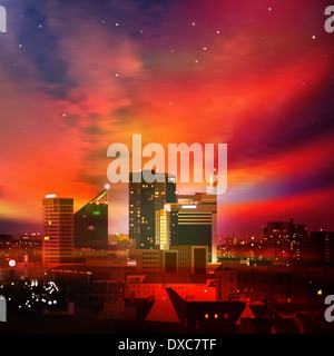 Natura astratta sfondo scuro con città e Rosso tramonto Foto Stock