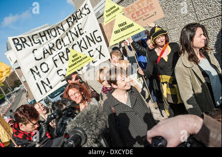 Brighton, Sussex, Regno Unito. Il 24 marzo 2014. Caroline Lucas, verde parte MP per Brighton Pavillion, arrivando a Brighton Magistrates Court per il primo giorno del periodo di prova seguendo il suo arresto lo scorso agosto a anti-fracking proteste a Balcombe. Caroline Lucas stava prendendo parte a una pacifica azione diretta protesta contro fracking. Ella è stata caricata con altri quattro, per ostruire la strada statale e non riesce a seguire le istruzioni di polizia per spostarsi in una determinata area di protesta. Caroline Lucas MP membri sul suo blog che tutti potranno invocare non colpevole. Credito: Francesca Moore/Alamy Live News Foto Stock