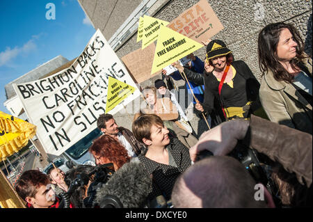 Brighton, Sussex, Regno Unito. Il 24 marzo 2014. Caroline Lucas, verde parte MP per Brighton Pavillion, arrivando a Brighton Magistrates Court per il primo giorno del periodo di prova seguendo il suo arresto lo scorso agosto a anti-fracking proteste a Balcombe. Caroline Lucas stava prendendo parte a una pacifica azione diretta protesta contro fracking. Ella è stata caricata con altri quattro, per ostruire la strada statale e non riesce a seguire le istruzioni di polizia per spostarsi in una determinata area di protesta. Caroline Lucas MP membri sul suo blog che tutti potranno invocare non colpevole. Credito: Francesca Moore/Alamy Live News Foto Stock