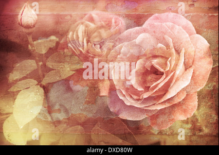 Abstract romantico rose rosa fiori di gocce di acqua sfondo floreale morbida messa a fuoco selettiva in stile vintage elaborazione immagine Foto Stock