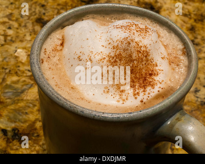 Ancora in vita di latte nella tazza con cannella in polvere Topping di schiuma Foto Stock