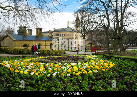 Fiori di Primavera in Roberts Park, Saltaire, Bradford, Yorkshire, Inghilterra Foto Stock