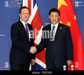 L'Aia, Paesi Bassi. 25 Mar, 2014. Il presidente cinese Xi Jinping (R) incontra il Primo Ministro britannico David Cameron all'Aia, Paesi Bassi, 25 marzo 2014. Credito: Liu Weibing/Xinhua/Alamy Live News Foto Stock