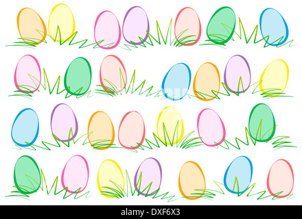 Illustrazione dello sfondo colorato e uova di pasqua sdraiarsi sull'erba. Foto Stock