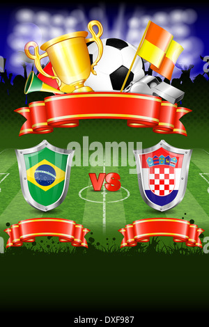 Poster di calcio del campionato mondiale 2014 Brasile con gli schermi a sfere, nastro, Coppa, ventole e bandiere Foto Stock