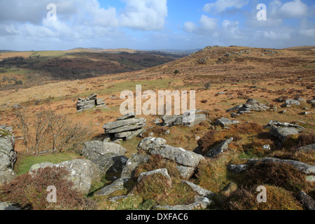 Inizio della primavera vista attraverso Haytor verso Smallacombe rocce, Greator e Hound tor, Dartmoor Devon, Inghilterra, Regno Unito Foto Stock