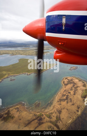 Volando sopra una remota parte di Oriente nelle Falkland Isole Falkland su isole Falkland Governo Air Service (FIGAS) aeromobile Foto Stock