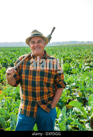 Ritratto di contadino con piccone, permanente e lavorare in campo, Germania Foto Stock