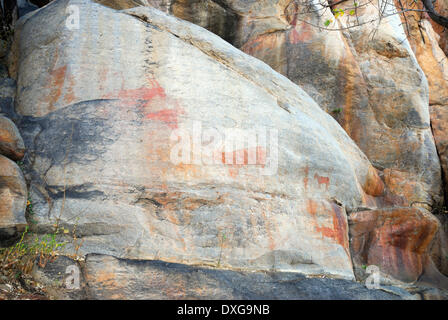 La Tsodilo Hills in Botswana sono famosi per i Boscimani San o pitture rupestri trovate qui. Qui sono i dipinti di rinoceronte, ela Foto Stock