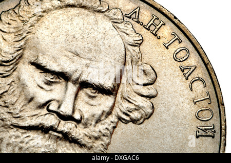 1 Russian Rouble Coin, 1988. Leo Tolstoj (Conte Nikolayevich Lev Tolstoj - Scrittore - 1828-1910) nome scritto in cirillico Foto Stock
