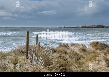 Spiaggia/vista mare a Newborough, Isola di Anglesey, Galles del Nord. Foto Stock