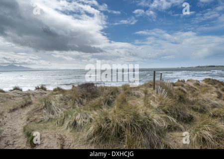 Vista da dune vicino parcheggio auto presso Newborough, Isola di Anglesey, Galles del Nord. Foto Stock