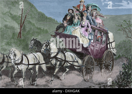 Il viaggio. Stagecoach. Incisione. Colorazione successiva. Xix secolo Foto Stock