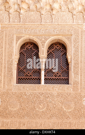 Dettaglio di intricati intagliati moresco intonaco stucco sulle pareti dei palazzi Nasrid, la Alhambra Palace, Granada, Spagna Foto Stock