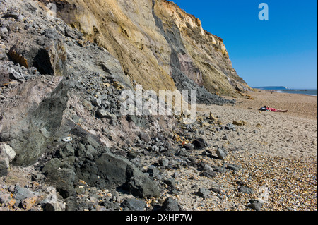 Lucertole da mare sulla spiaggia pericolosamente vicino alla caduta di massi da scogliera erosione a testa Hengistbury, Dorset, Regno Unito Foto Stock