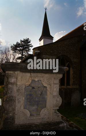 Il piano portapaziente o torace tomba di Sarah Boodle, 1789, sul sagrato della chiesa di San Martino, Chipping Ongar, Essex, Inghilterra Foto Stock