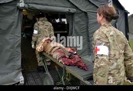 Un mobile completo tented ospedale che ha sale operatorie, raggi X, scanner MRI , intensificatore di immagini tutto pronto per un'azione immediata se necessario. Questo esercito evento presso Upavon Wiltshire ha rivelato lo specialista, combattere e capacità di comando di forza comandi truppa' e la sua capacità, capacità di contingenza e resilienza dell'esercito in futuro. Esso mette in evidenza alcune delle più recenti apparecchiature a sua disposizione. La FTC ha alcuni 36.000 regolari e riservare i soldati sotto il suo comando. 26 marzo, 2014 foto di Geoff Moore/Dorset Servizio Media Foto Stock