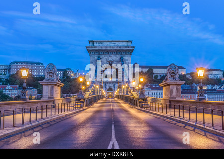 Lion statue e illuminato lampioni lungo il ponte della Catena, Budapest, Ungheria Foto Stock