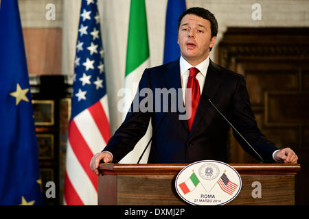 Roma, Italia. 27 Mar, 2014. Primo Ministro italiano Matteo Renzi durante la conferenza stampa con il Presidente Usa Barack Obama a Villa Madama a Roma, il 27 marzo 2014. Credito: Massimo Valicchia/NurPhoto/ZUMAPRESS.com/Alamy Live News Foto Stock