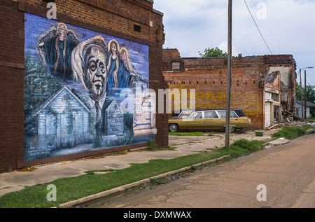 TUTWILER, Mississippi, Stati Uniti d'America - murale di Aleck Miller, noto come Sonny Boy Williamson, delta blues musicista, l'armonicista Foto Stock