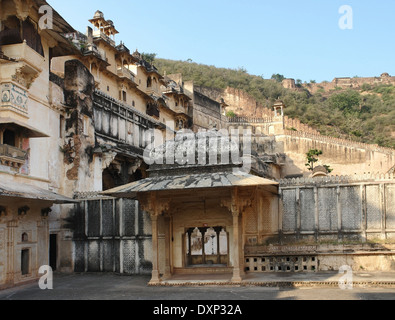 Dettagli architettonici a Bundi Palace situato in Bundi, una città nel Rajasthan, India Foto Stock