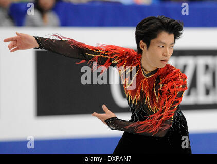 Saitama, Giappone. 28 Mar, 2014. Skater giapponese Tatsuki Machida esegue durante la uomini singoli pattinaggio gratuito evento presso il pattinaggio internazionale dell'Unione (ISU) World Figure Skating Championships 2014 tenutasi a Saitama, Giappone, 28 marzo 2014. Tatsuki Machida ha ottenuto la medaglia d argento dell'evento. Credito: Stinger/Xinhua/Alamy Live News Foto Stock