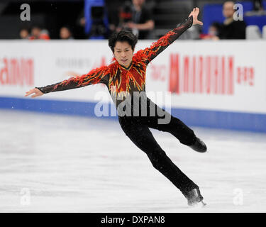 Saitama, Giappone. 28 Mar, 2014. Skater giapponese Tatsuki Machida esegue durante la uomini singoli pattinaggio gratuito evento presso il pattinaggio internazionale dell'Unione (ISU) World Figure Skating Championships 2014 tenutasi a Saitama, Giappone, 28 marzo 2014. Tatsuki Machida ha ottenuto la medaglia d argento dell'evento. Credito: Stinger/Xinhua/Alamy Live News Foto Stock