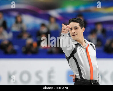 Saitama, Giappone. 28 Mar, 2014. Javier Fernandez di Spagna esegue durante la uomini singoli pattinaggio gratuito evento presso il pattinaggio internazionale dell'Unione (ISU) World Figure Skating Championships 2014 tenutasi a Saitama, Giappone, 28 marzo 2014. Javier Fernandez ha ottenuto la medaglia di bronzo dell'evento. Credito: Stinger/Xinhua/Alamy Live News Foto Stock